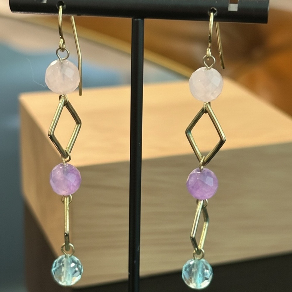 gold geometric dangling earrings with multicolored gemstones like new